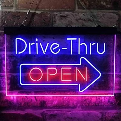 Drive Thru Open Arrow Right Dual LED Neon Light Sign